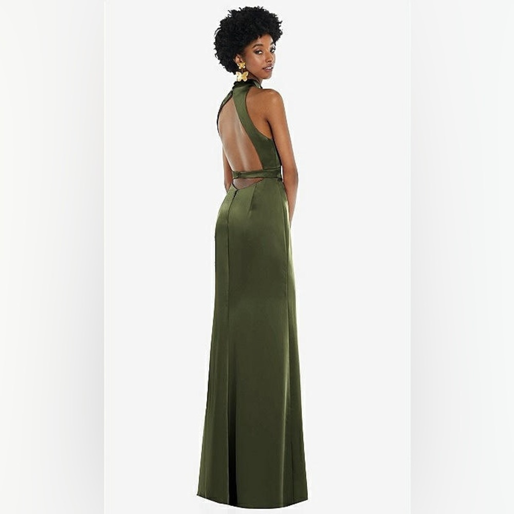 LOVELY Open Back Charmeuse Gown in Olive Green